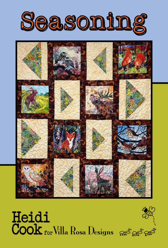 A colorful quilt design titled 'Seasoning' featuring various animal and nature-themed fabric blocks, created by Heidi Cook for Villa Rosa Designs.