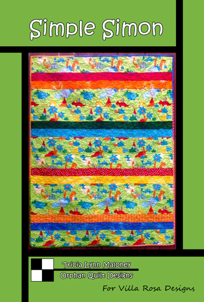 A colorful quilt design featuring horizontal stripes with various patterns of animals, flowers, and trees, titled 'Simple Simon' by Tricia Lynn Maloney for Villa Rosa Designs.