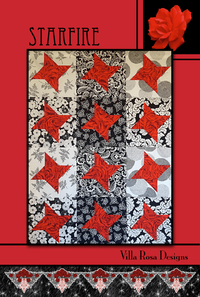 A quilt design featuring a star pattern in red and black, titled 'Starfire' by Villa Rosa Designs. The quilt is made with alternating floral and geometric prints, set against a bold red background, with decorative elements at the top and bottom.