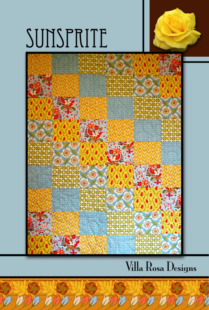 Colorful quilt design featuring various patterned squares in yellow, blue, red, and green, titled 'Sunprite' by Villa Rosa Designs.