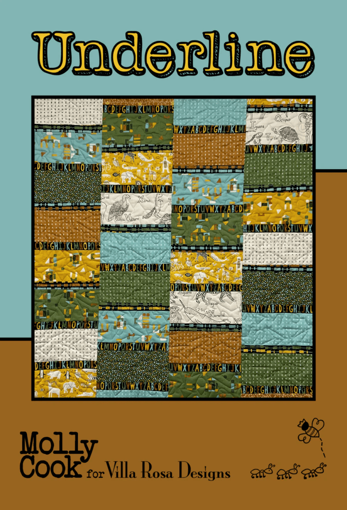 A quilt design titled 'Underline' featuring colorful patterned squares in a grid layout. The patterns include letters, animals, and abstract designs. The design is attributed to Molly Cook for Villa Rosa Designs.