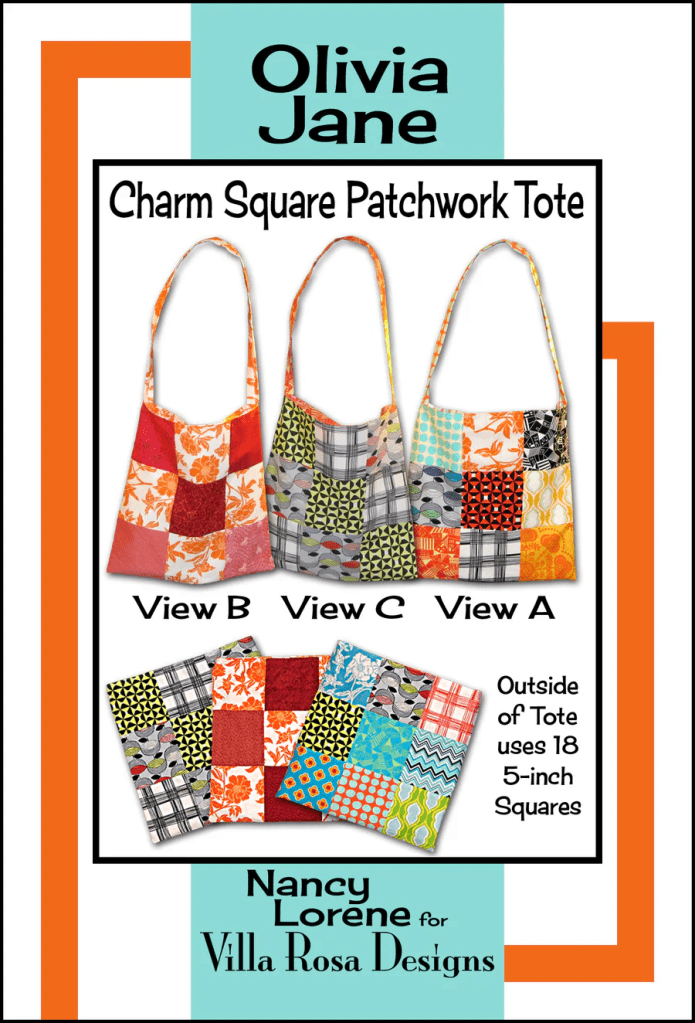 Image showcasing three views of the Olivia Jane Charm Square Patchwork Tote, featuring colorful patchwork designs and information about tote construction using 18 five-inch squares.
