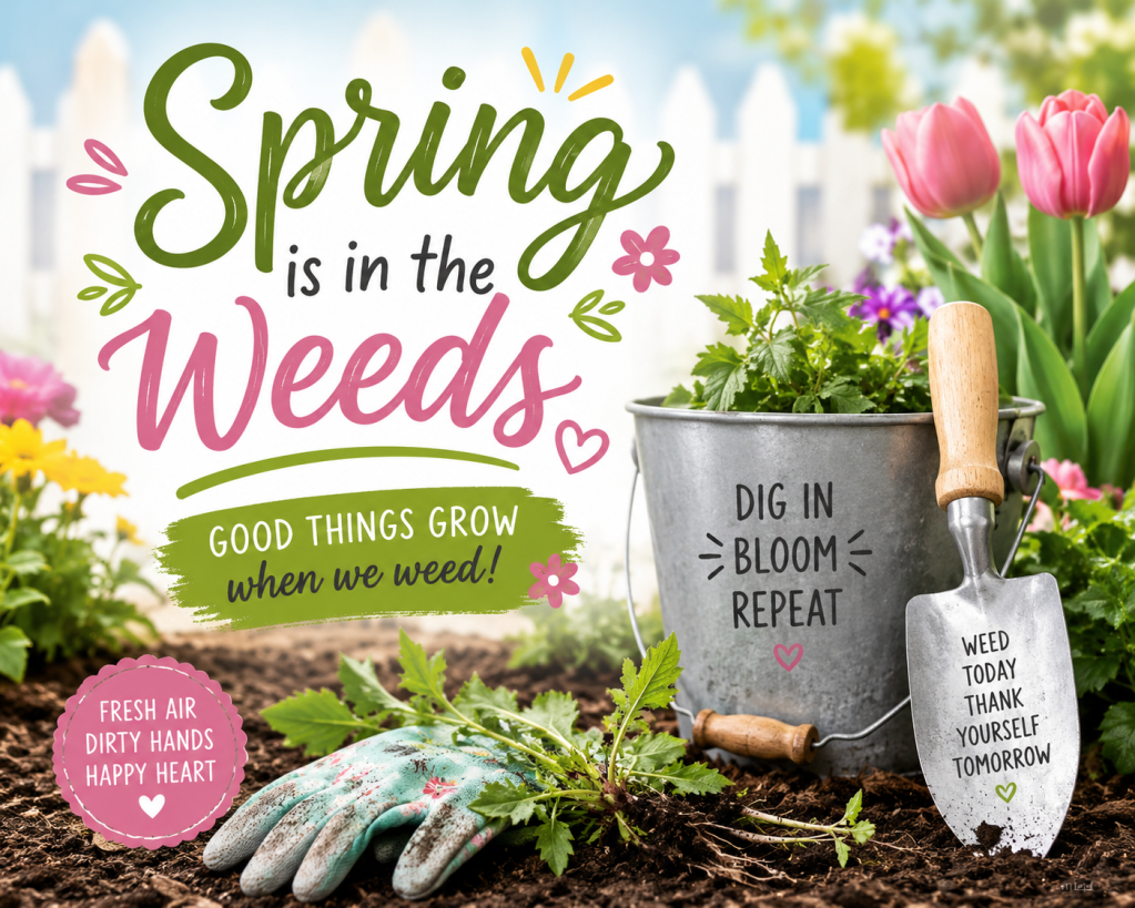 A decorative spring-themed graphic featuring text that reads 'Spring is in the Weeds' along with colorful flowers, a silver bucket filled with greenery, a trowel, and gardening gloves, against a garden backdrop.