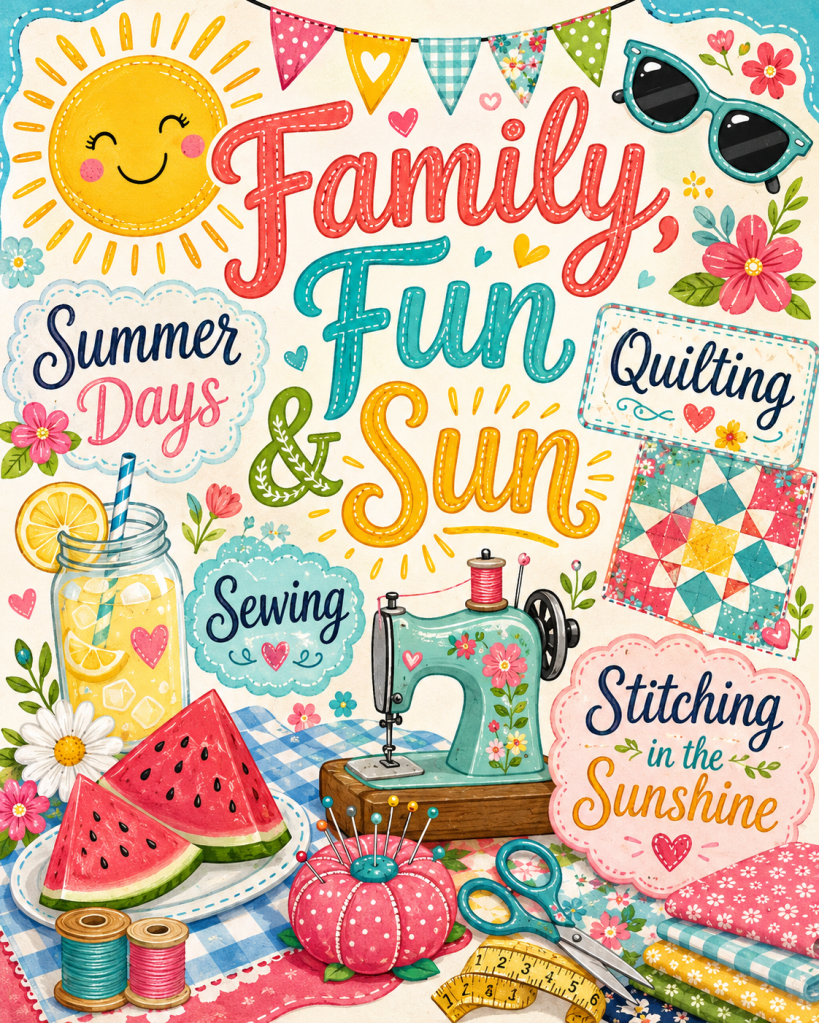 Colorful illustration featuring a sun, sewing tools, and summer-themed elements like watermelon and lemonade, with the text 'Family Fun & Sun' and 'Stitching in the Sunshine'.
