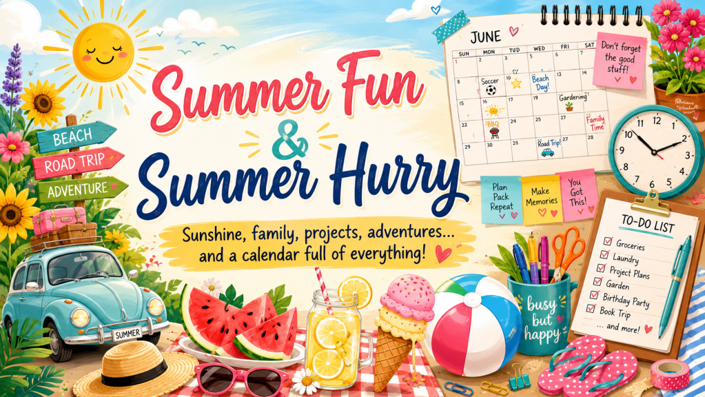 A colorful summer-themed illustration featuring a bright sun, flowers, and a vintage car with a suitcase on top, surrounded by watermelon slices, ice cream cones, and a beach ball. The text highlights summer activities, a calendar for June filled with fun events, and a to-do list for family adventures.