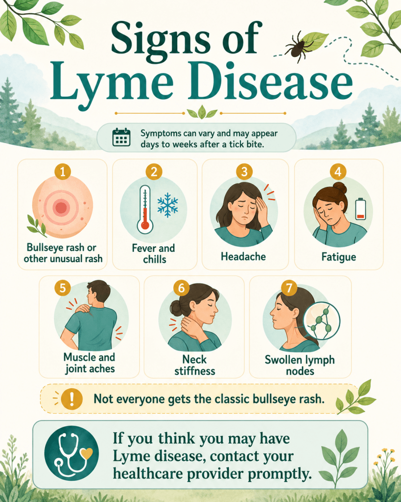 Infographic outlining the signs of Lyme disease, including symptoms like bullseye rash, fever, headache, fatigue, muscle aches, neck stiffness, and swollen lymph nodes, with a reminder to contact healthcare providers if suspected.