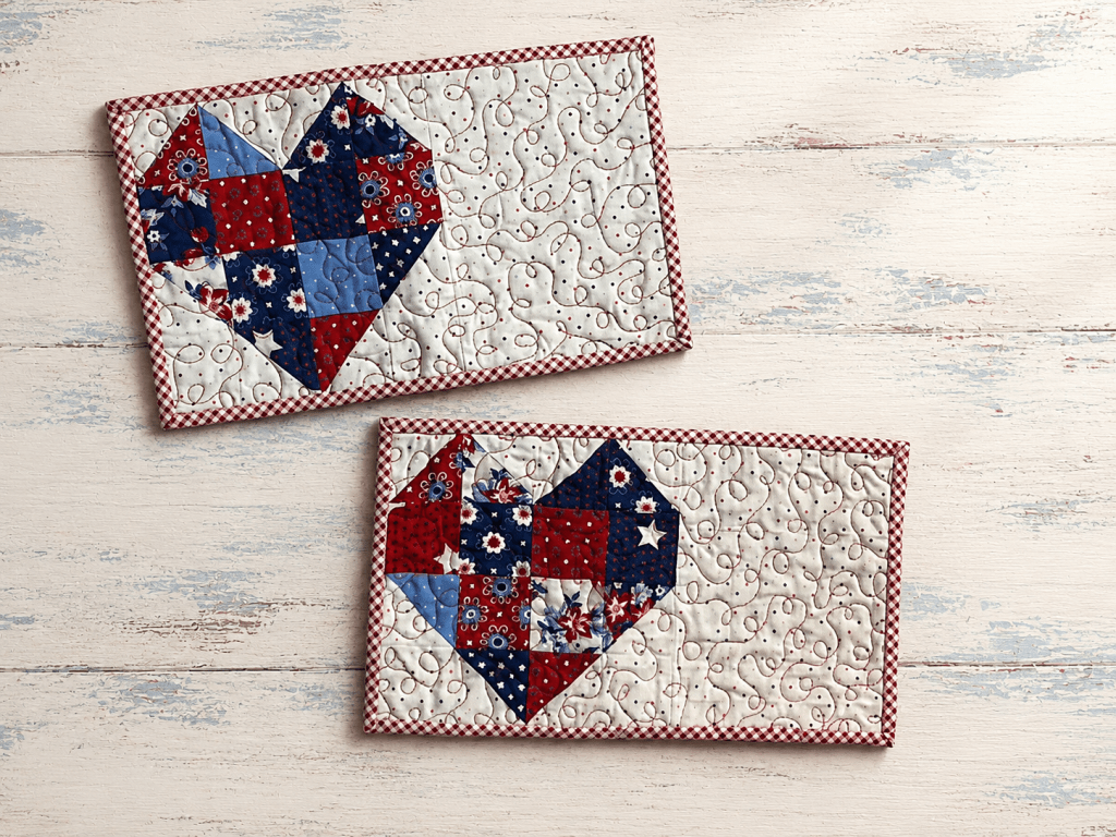 Two patchwork quilted table mats featuring heart designs in red, blue, and white fabrics, sitting on a distressed wooden surface.