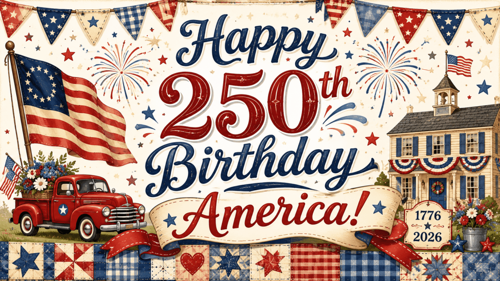 A patriotic illustration celebrating America's 250th birthday with fireworks, a vintage red truck, and an American flag. The design features bunting, colorful stars, and the text 'Happy 250th Birthday America!' along with the years '1776' and '2026'.