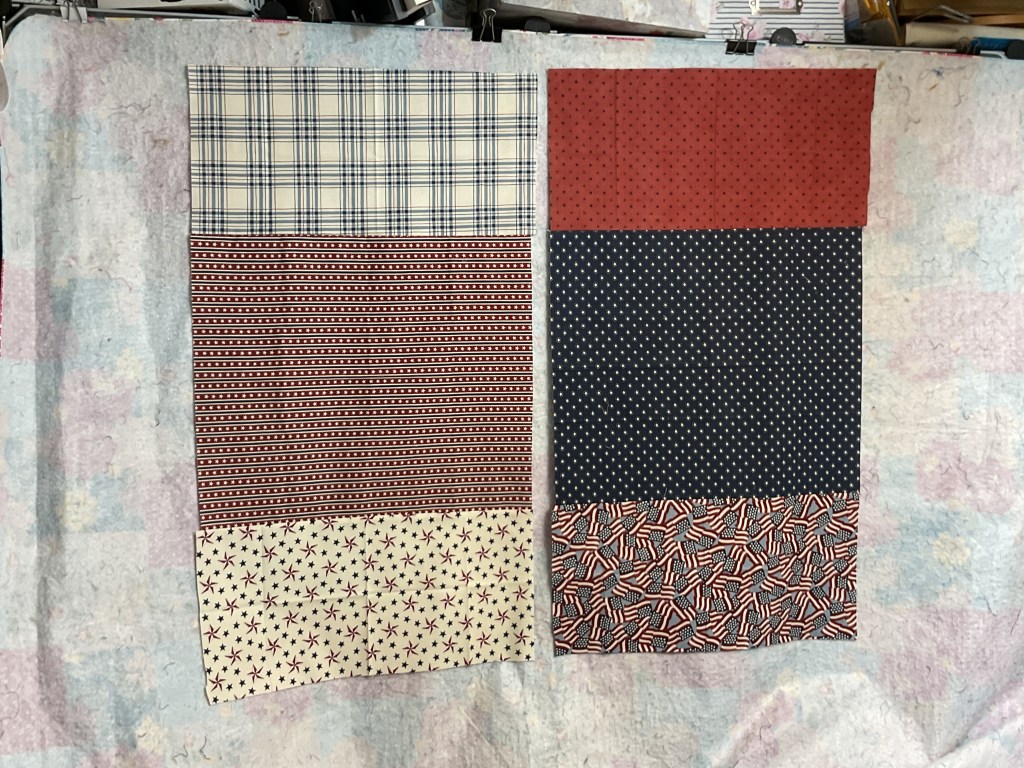 Two fabric panels displayed side by side, featuring various patterns including plaid, stripes, polka dots, and stars in red, white, and blue colors.