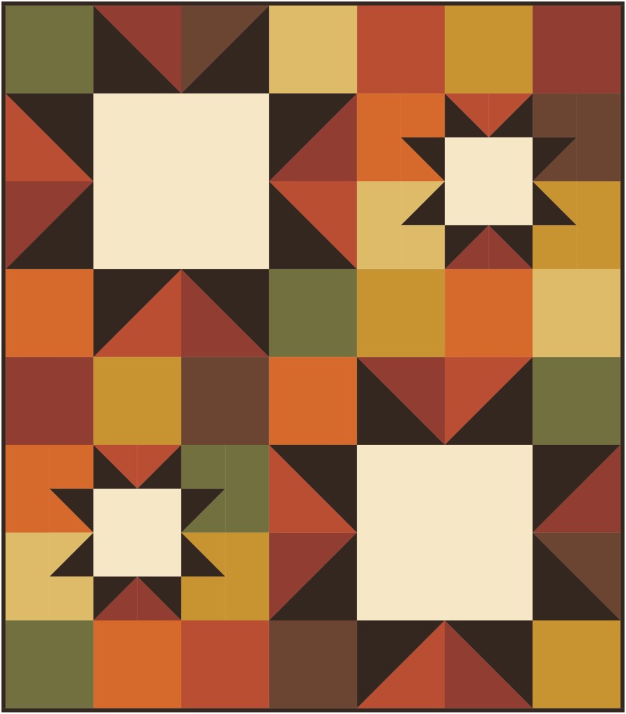Geometric quilt pattern featuring alternating star shapes and squares in warm autumn colors like orange, green, brown, and yellow.
