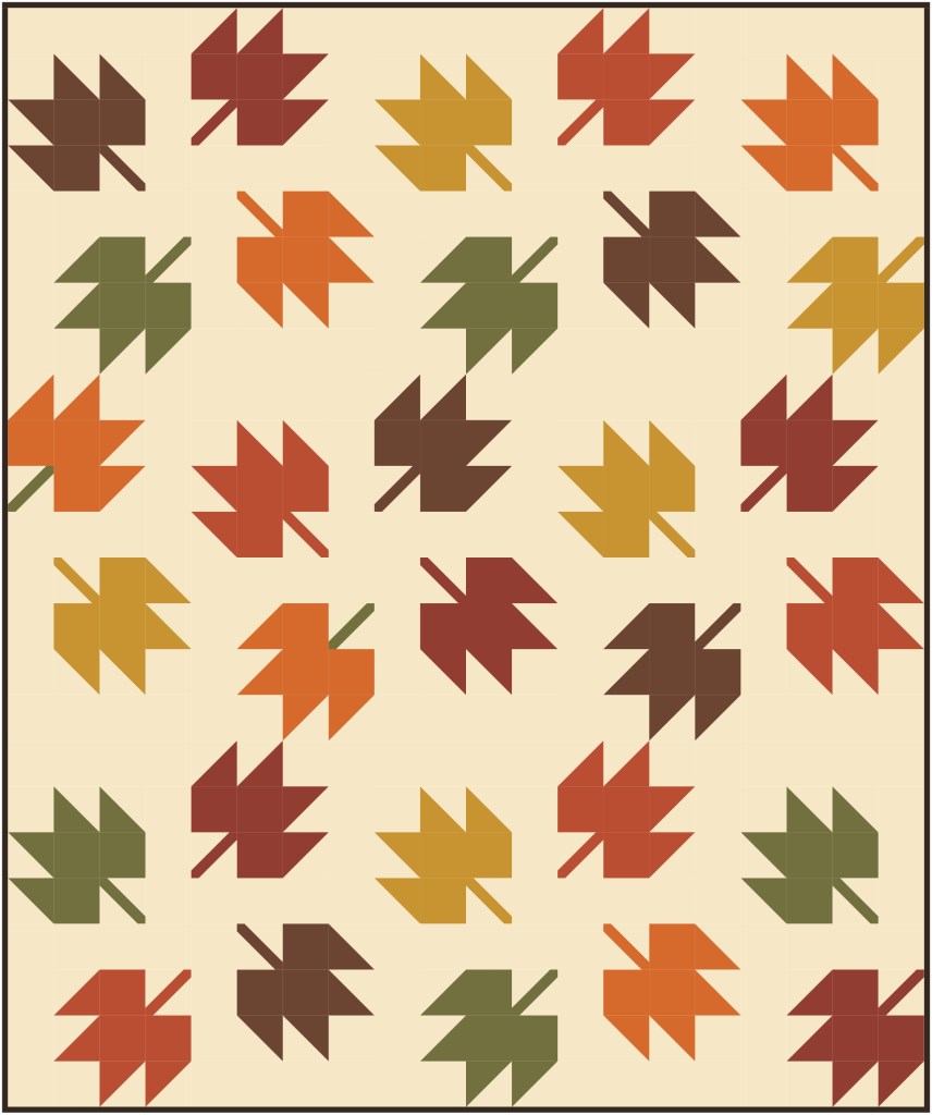 Pattern featuring various colored leaf shapes including orange, yellow, green, and brown on a light beige background.