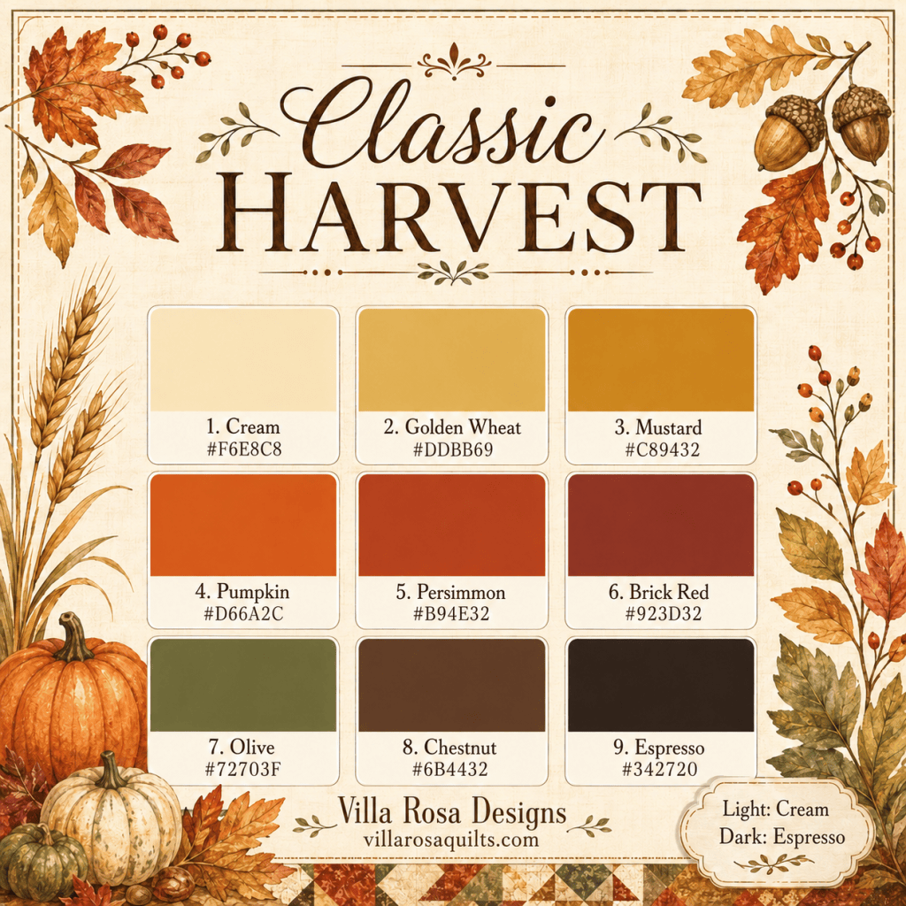 Color palette titled 'Classic Harvest' featuring nine colors with corresponding names and hex codes, surrounded by autumn leaves and pumpkins.
