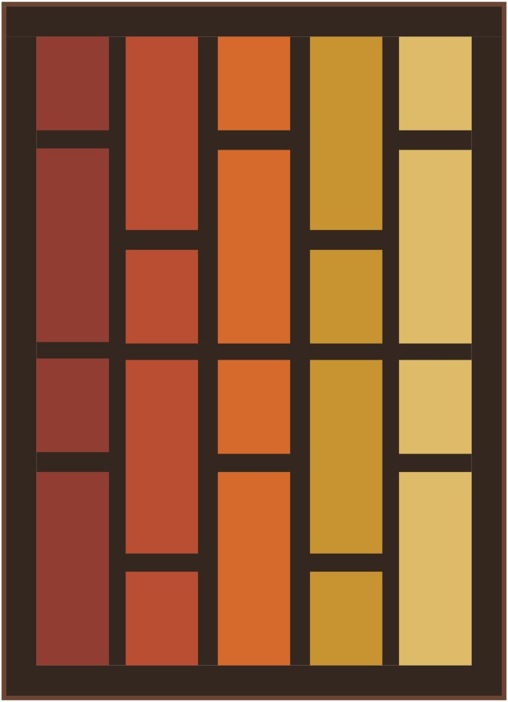 A geometric pattern featuring vertical and horizontal blocks in shades of red, orange, and yellow, framed by a dark border.