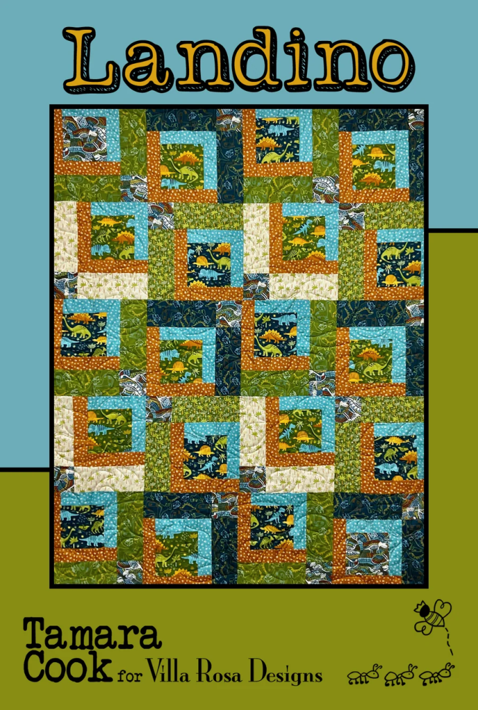 Colorful quilt design featuring a patchwork of dinosaur-themed fabrics, with a mix of green, blue, and orange squares. The title 'Landino' is prominently displayed at the top, along with the designer's name, Tamara Cook, and 'for Villa Rosa Designs' at the bottom.