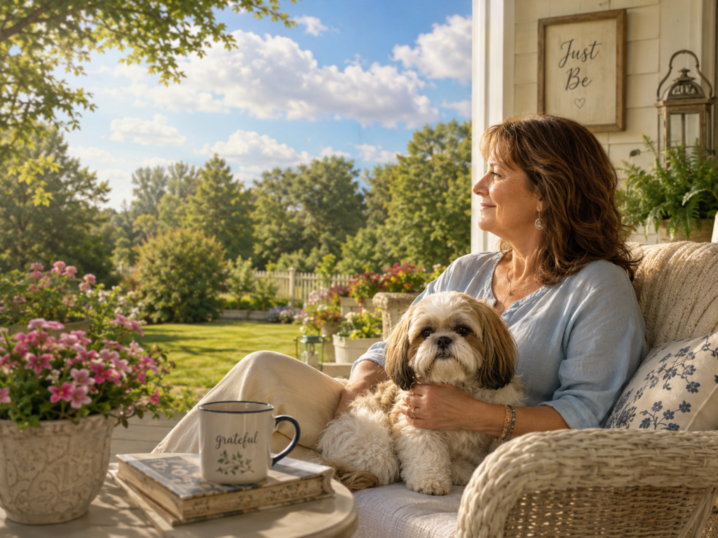 A woman sitting on a porch with her dog, surrounded by a lush garden and colorful flowers. The woman is looking thoughtfully into the distance, with a cozy cup labeled 'grateful' and a stack of books on a table beside her.