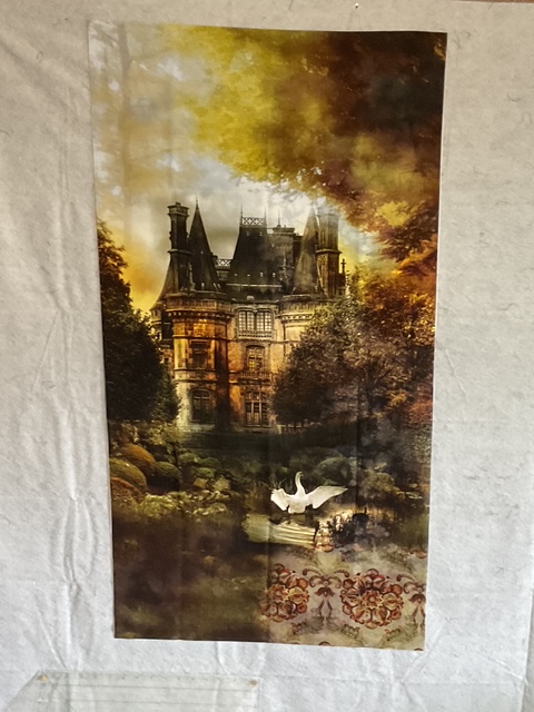 An artistic depiction of a grand, historical mansion surrounded by lush greenery and water, with two swans in the foreground, evoking a serene and picturesque atmosphere.