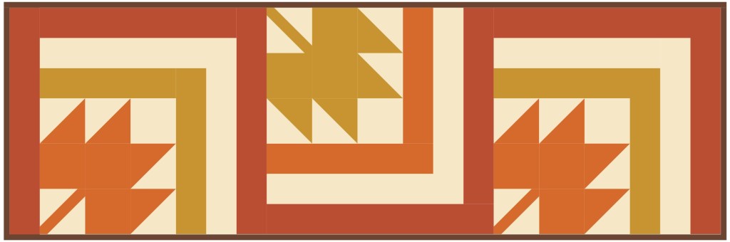 A decorative quilt design featuring geometric patterns in shades of orange, yellow, and cream, with a symmetrical layout of leaf shapes and blocks.