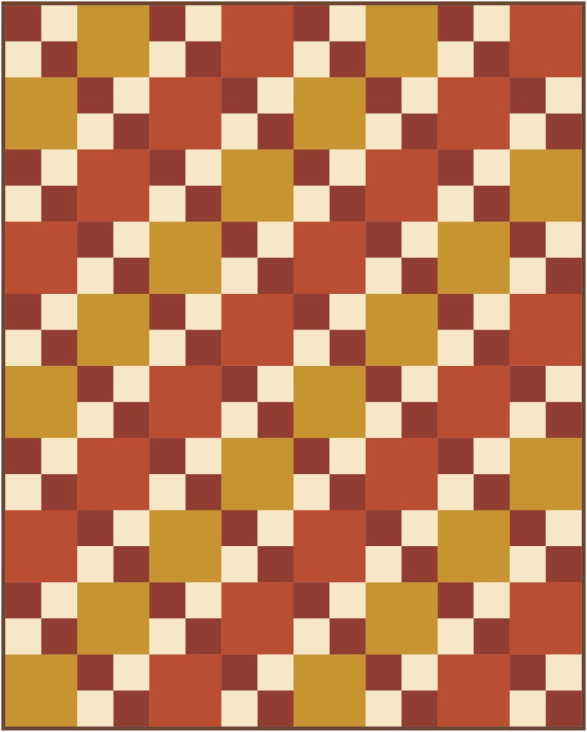 A geometric pattern featuring alternating squares in shades of red, yellow, and cream, arranged in a checkerboard style.