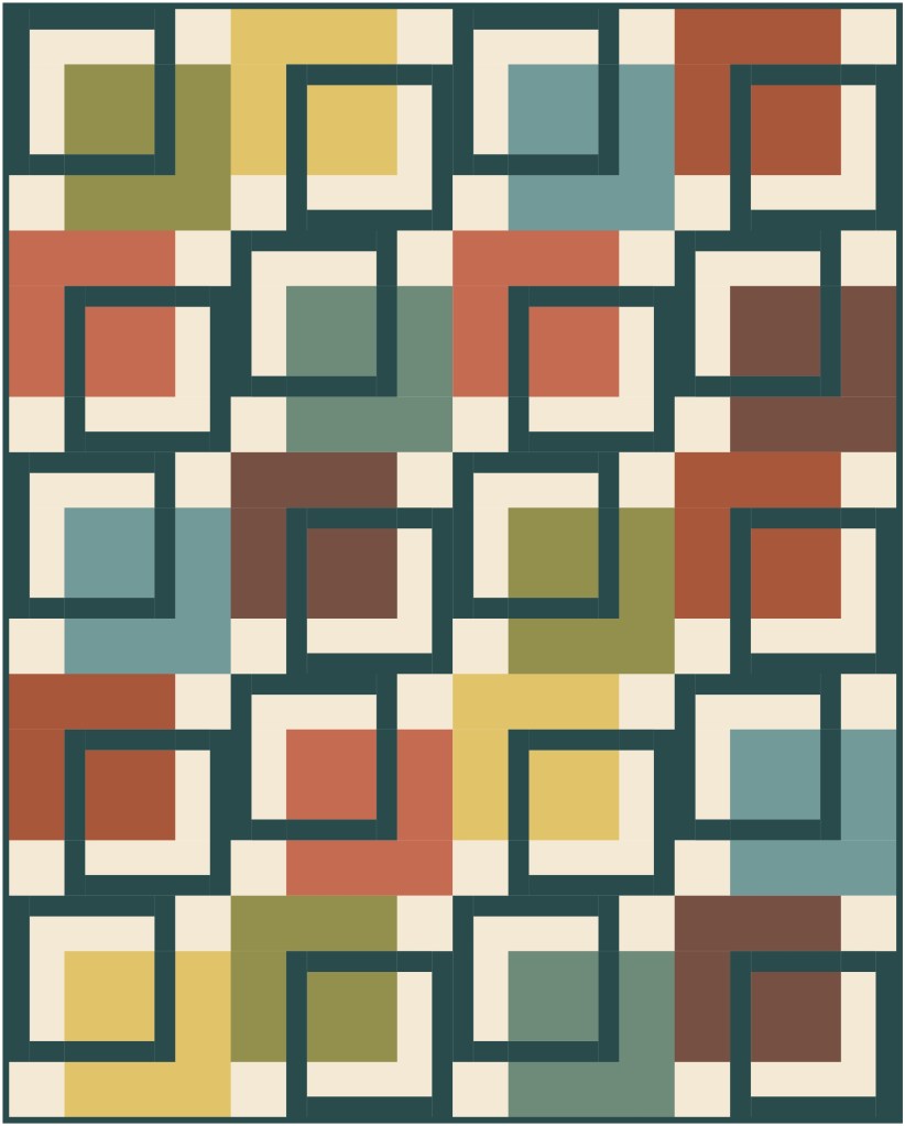 A colorful geometric pattern featuring interlocking squares in various hues including teal, red, beige, yellow, and green, set against a dark background.