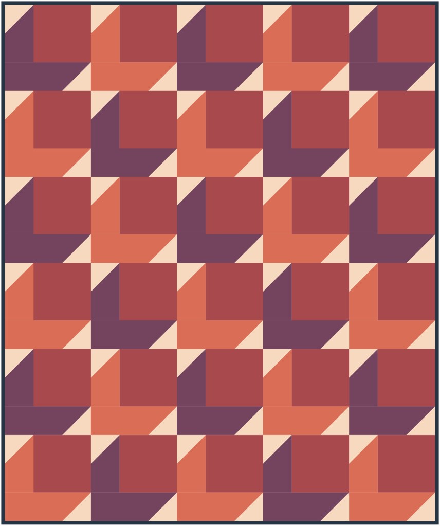 A geometric pattern featuring squares and triangular shapes in shades of red, purple, and beige, arranged in a repeating grid design.