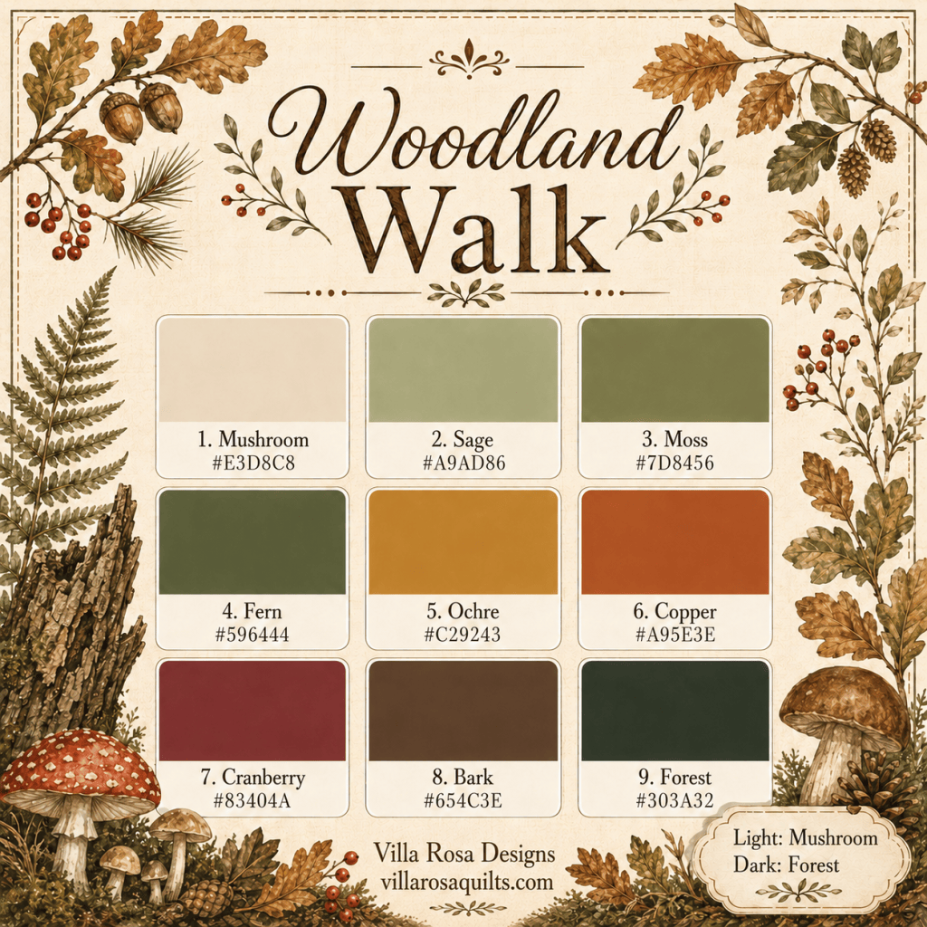Color palette titled 'Woodland Walk' featuring eight earthy tones with corresponding color codes. The colors include Mushroom, Sage, Moss, Fern, Ochre, Copper, Cranberry, Bark, and Forest, surrounded by nature-themed illustrations.