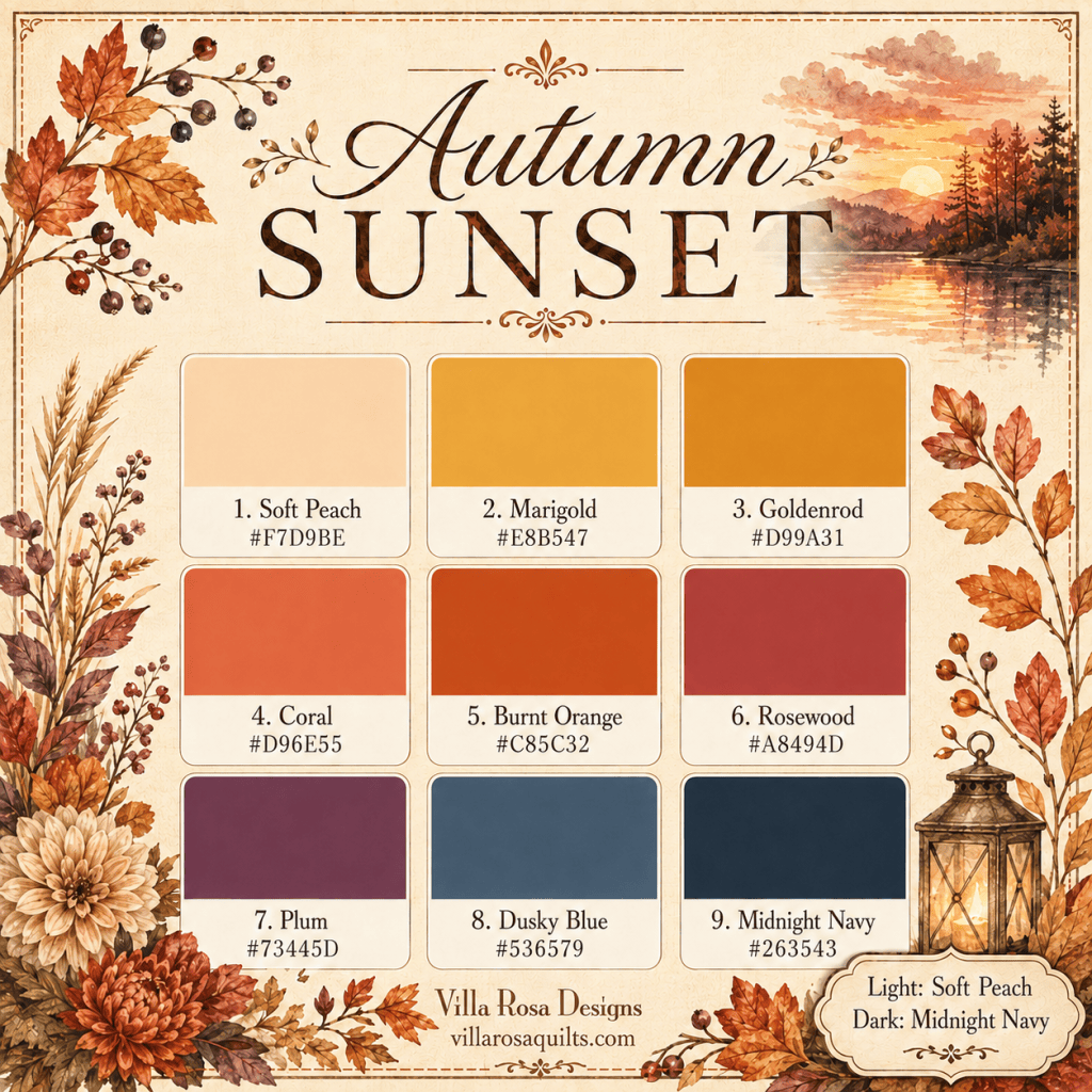 Color palette titled 'Autumn Sunset' featuring nine shades labeled with names and hex codes, surrounded by decorative autumn leaves and flowers.