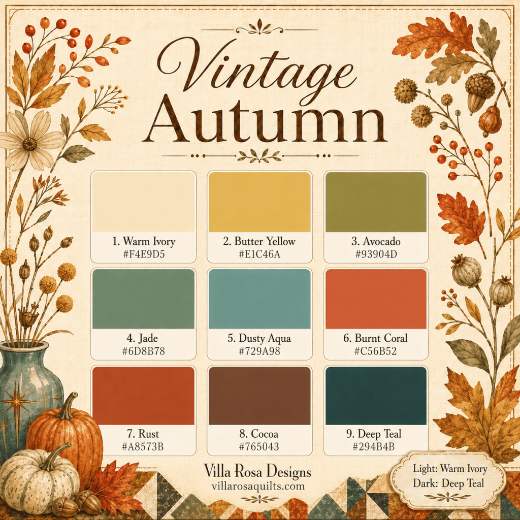 Color palette titled 'Vintage Autumn' featuring nine shades, including Warm Ivory, Butter Yellow, Avocado, Jade, Dusty Aqua, Burnt Coral, Rust, Cocoa, and Deep Teal. Floral and autumn leaf decorations in the corners.