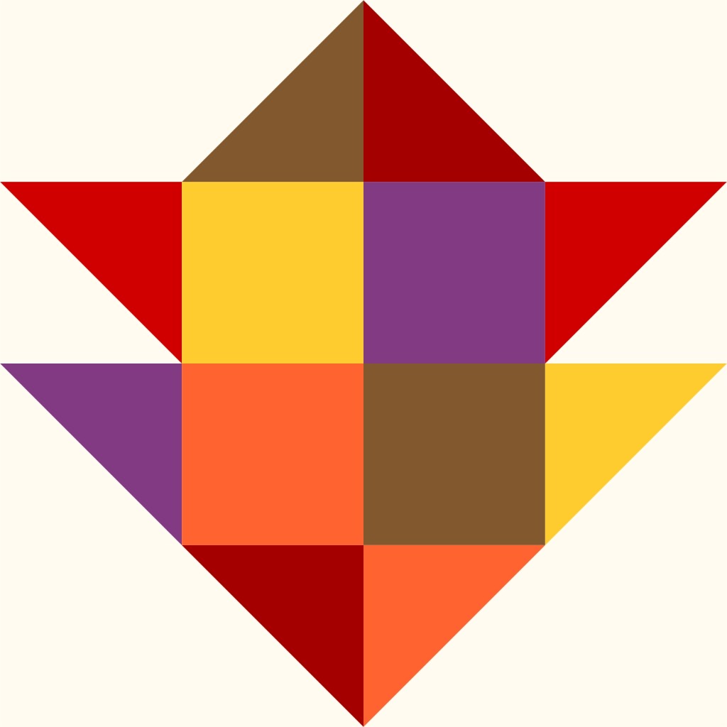 A colorful geometric design featuring a star shape composed of red, yellow, purple, orange, and brown squares and triangles on a light background.