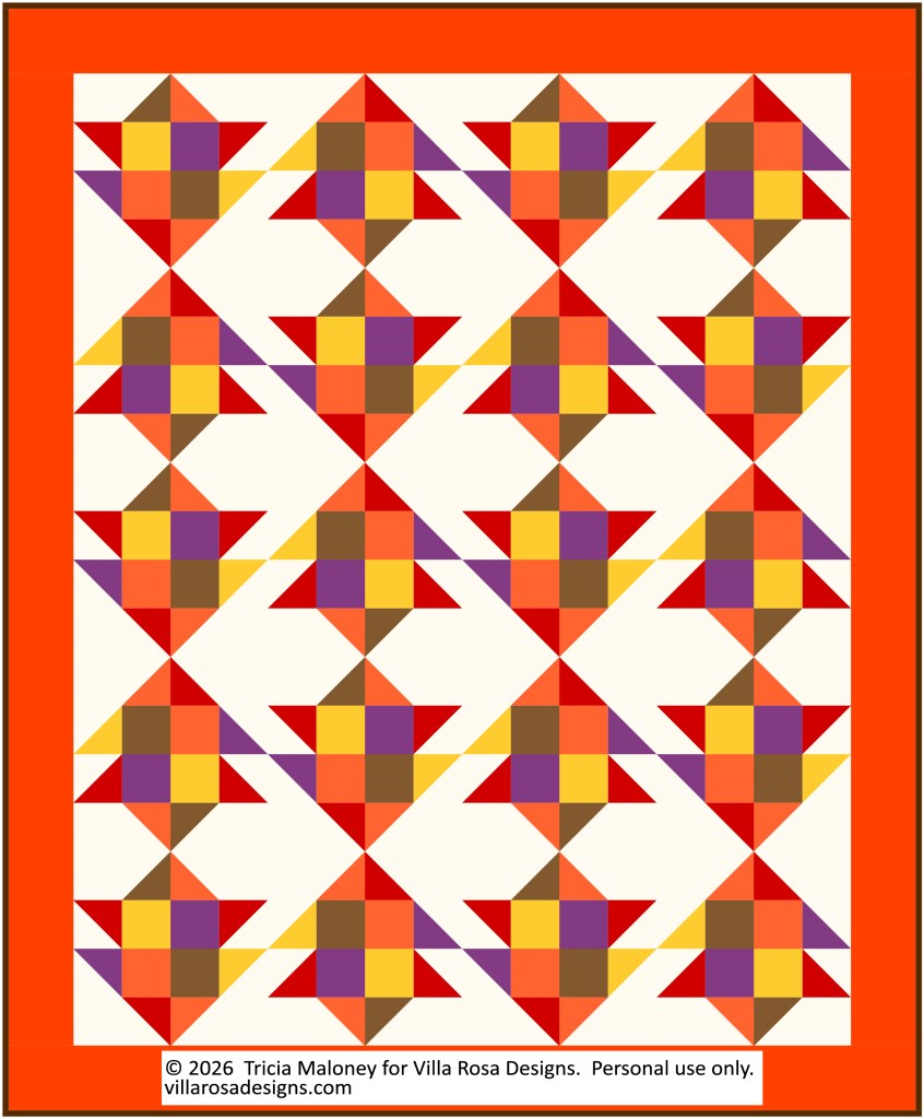 A colorful quilt design featuring a repeating pattern of star shapes in red, purple, yellow, and brown against a cream background, framed by an orange border.