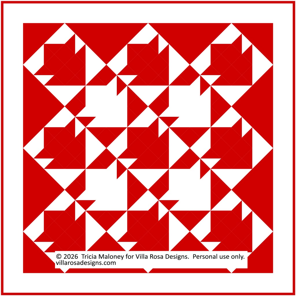 A geometric quilt design featuring a repeating pattern of red and white triangles on a white background.