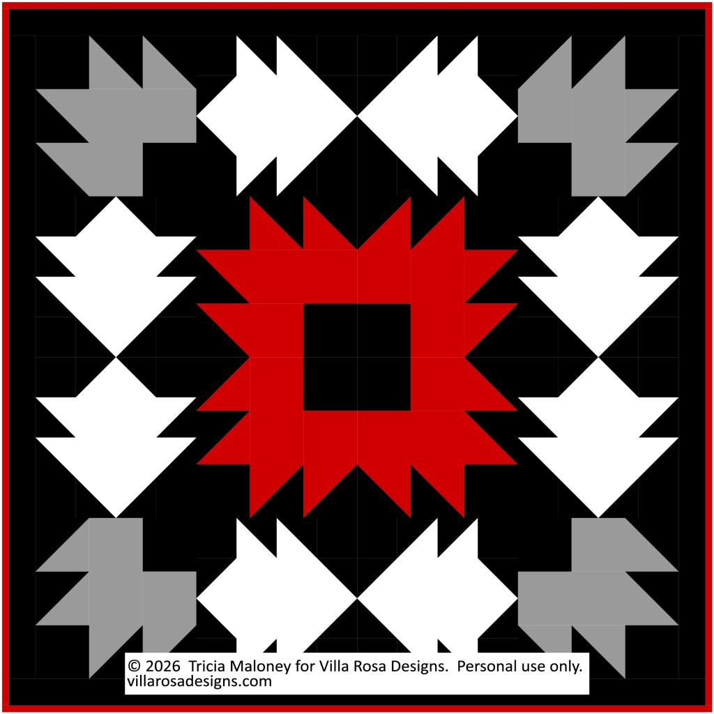 A geometric quilt pattern featuring a central red star surrounded by white and gray arrow shapes on a black background, framed with a red border.