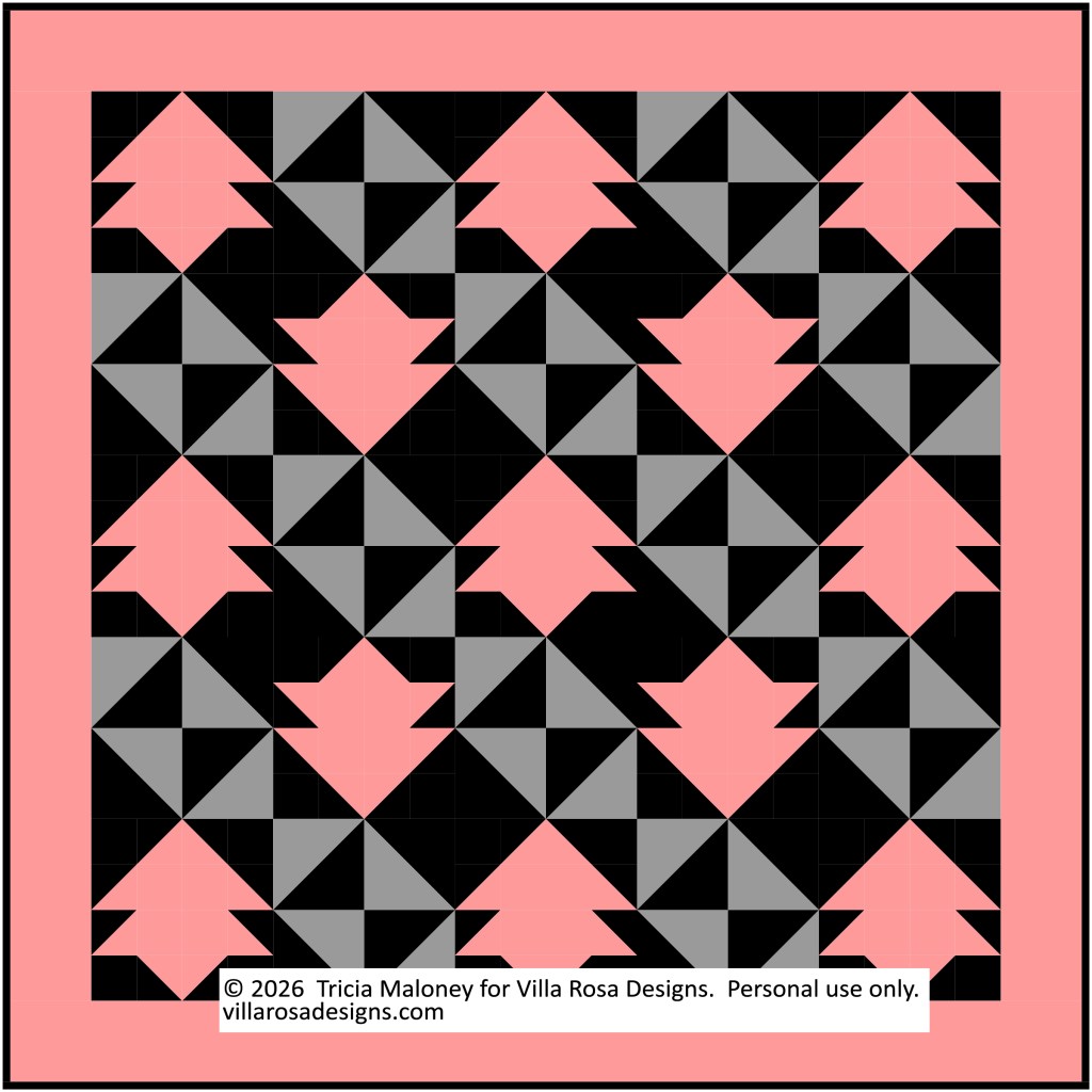 Geometric quilt pattern featuring pink arrows on a black and gray background, framed by a pink border.