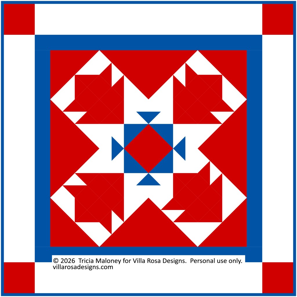 A colorful quilt pattern featuring a central blue diamond surrounded by red and white shapes, with a blue border.