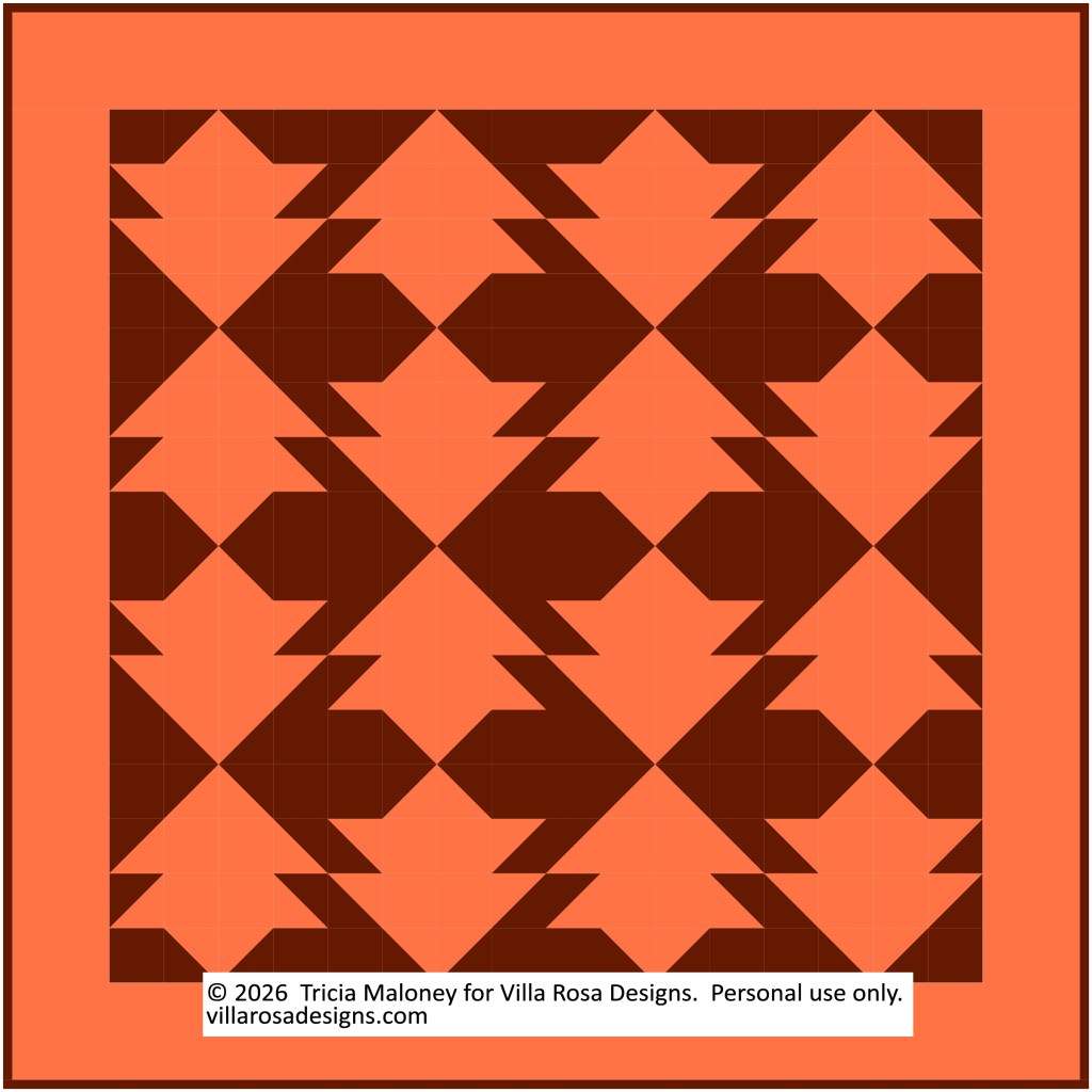 Geometric quilt pattern featuring brown and coral-colored leaves arranged in a repeated design.