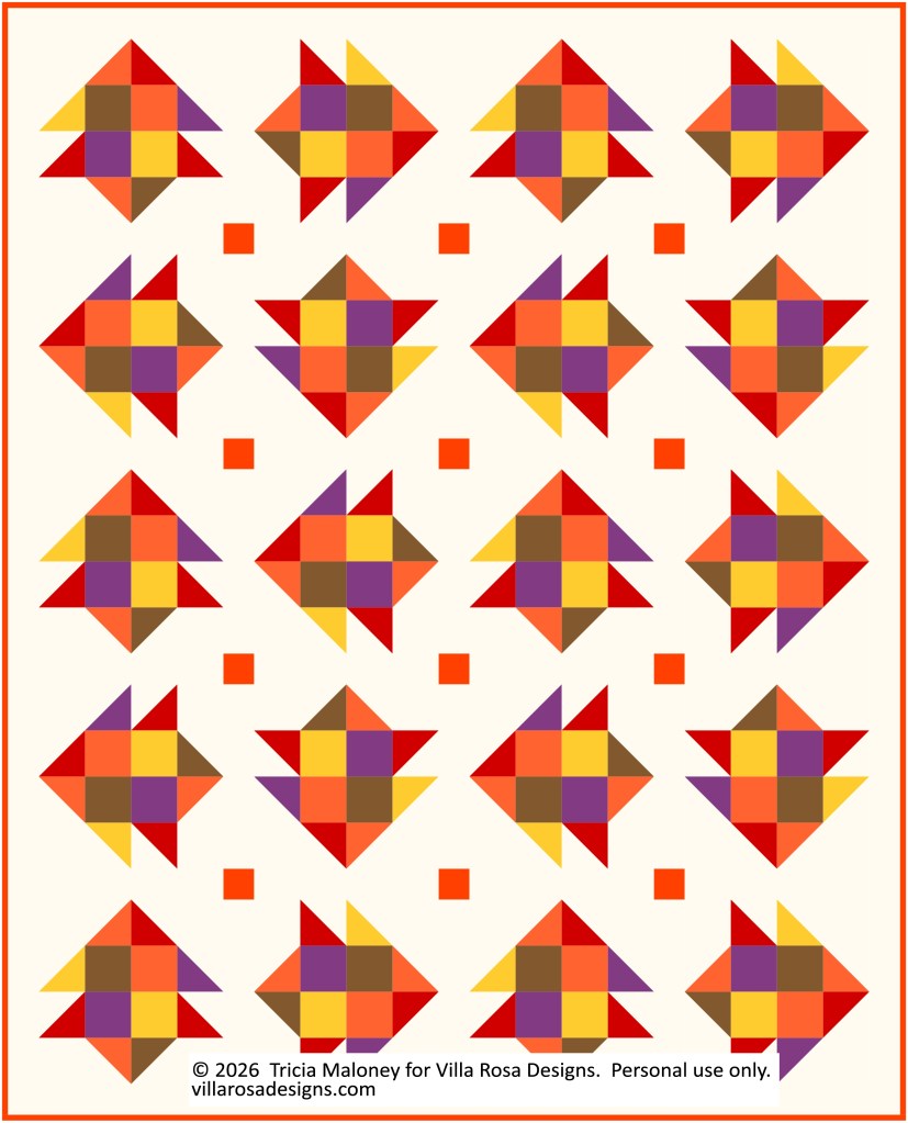 A colorful quilt pattern featuring repeating geometric shapes in shades of red, yellow, orange, purple, and brown on a light background.