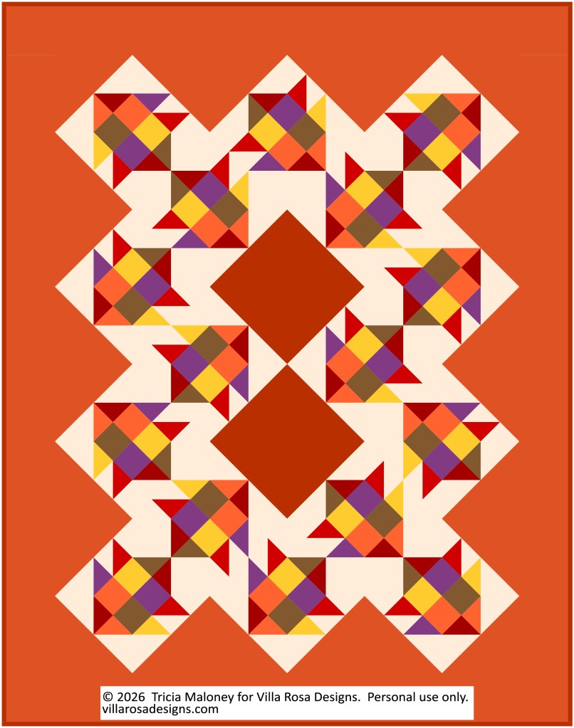 A vibrant quilt design featuring a geometric pattern with colorful diamond and star shapes against an orange background.