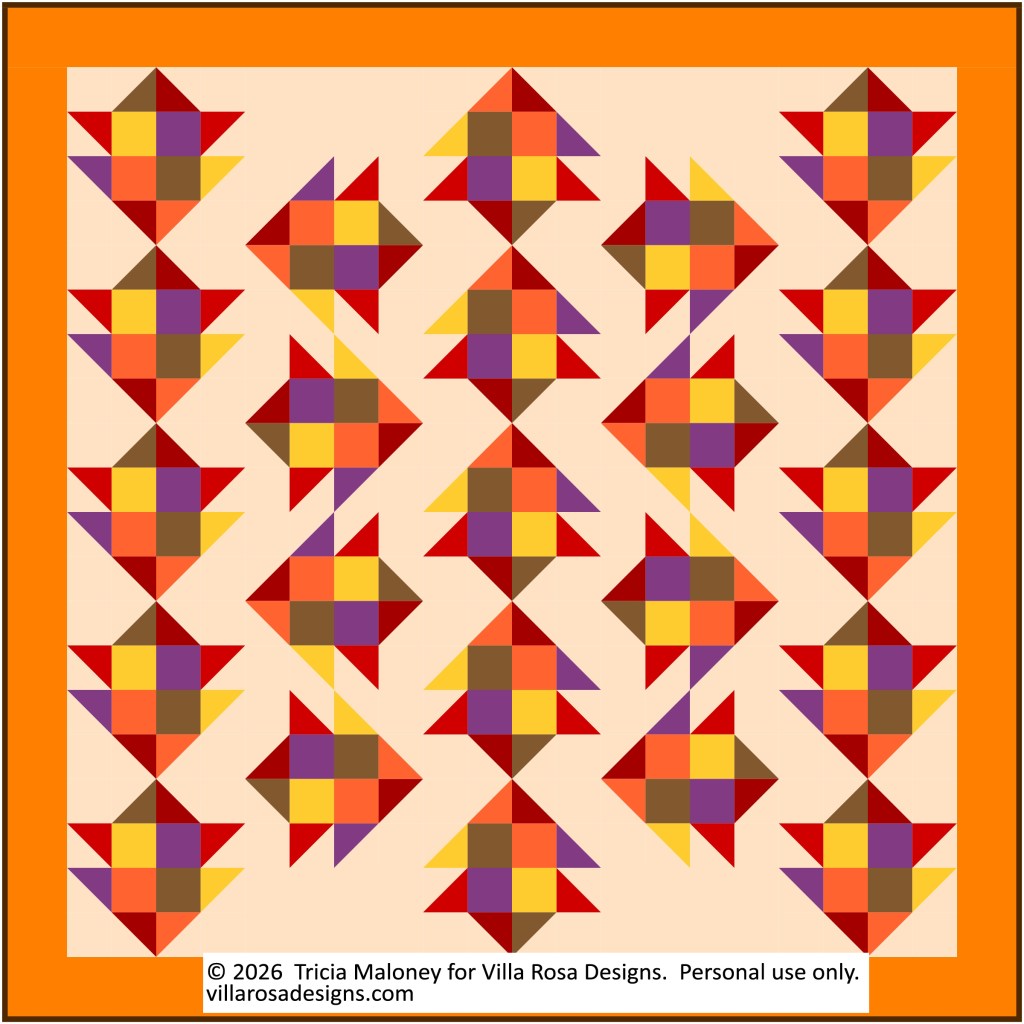 A colorful quilt pattern featuring geometric shapes, primarily arrows, in shades of red, orange, yellow, and purple against a light background, bordered with an orange frame.