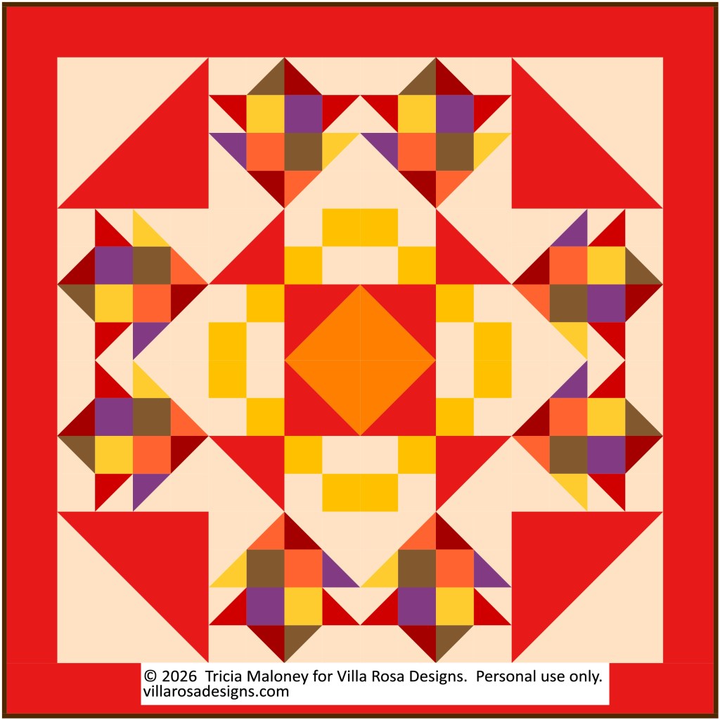 A colorful quilt pattern featuring geometric shapes including diamonds and triangles, primarily in red, yellow, orange, and purple.