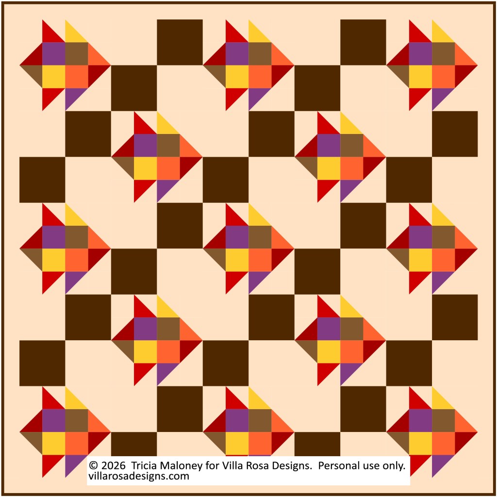 A geometric quilt design featuring colorful arrows in red, orange, yellow, and purple against a brown and cream checkerboard background.