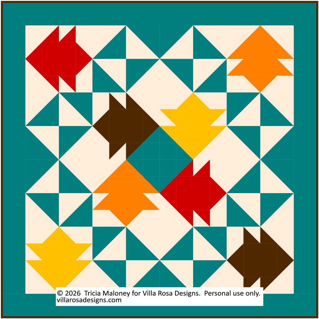 A geometric quilt design featuring colorful arrows in shades of red, orange, yellow, and brown, set against a teal and cream background.
