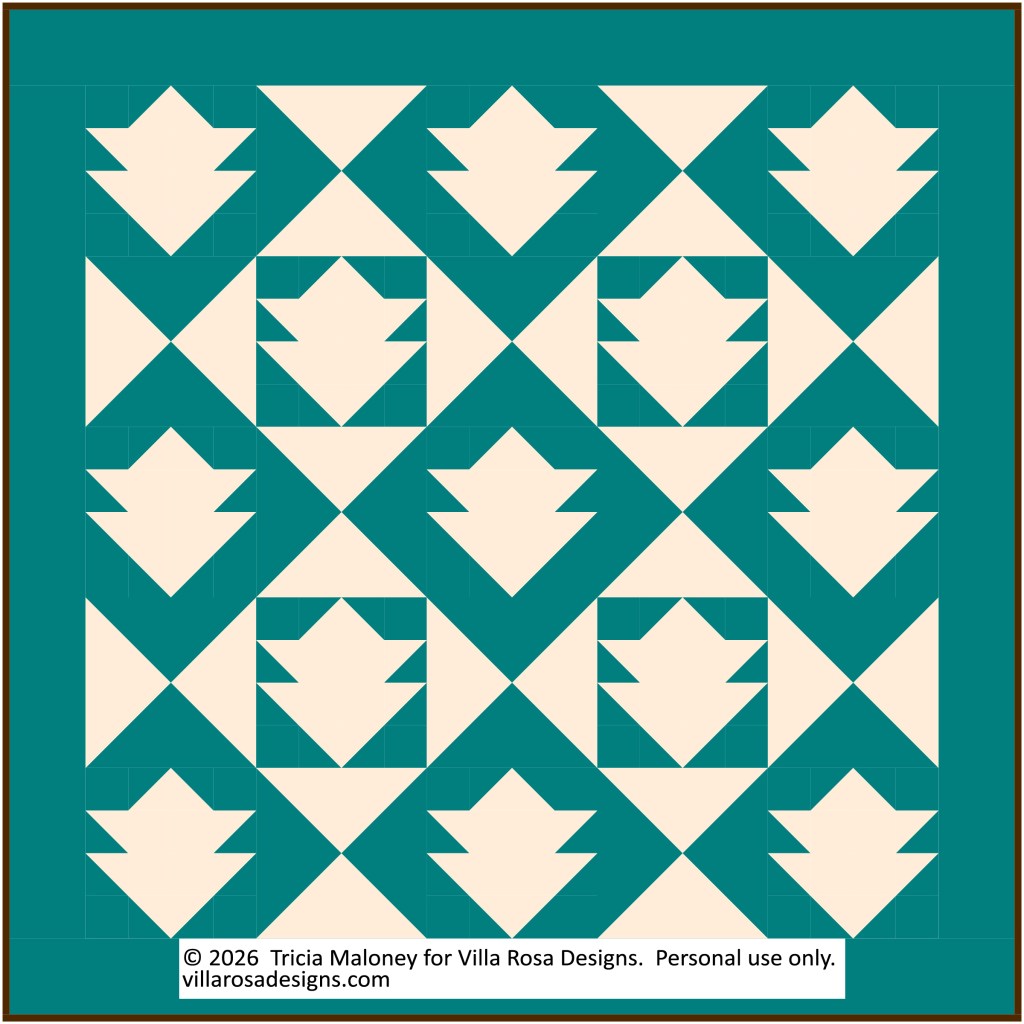 A geometric quilt design featuring alternating teal and cream-colored leaf motifs arranged in a diamond pattern.