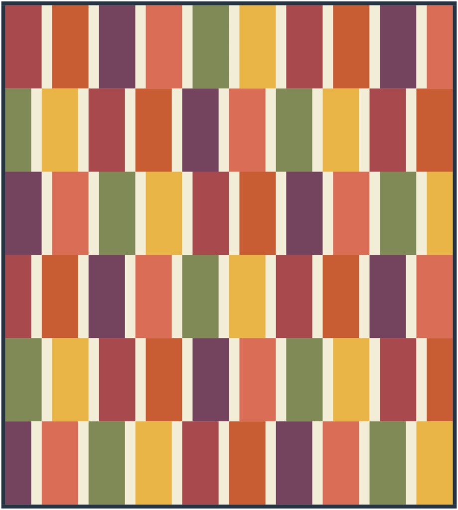 A geometric pattern featuring vertical stripes in various colors including orange, yellow, green, and purple, arranged in an alternating design.