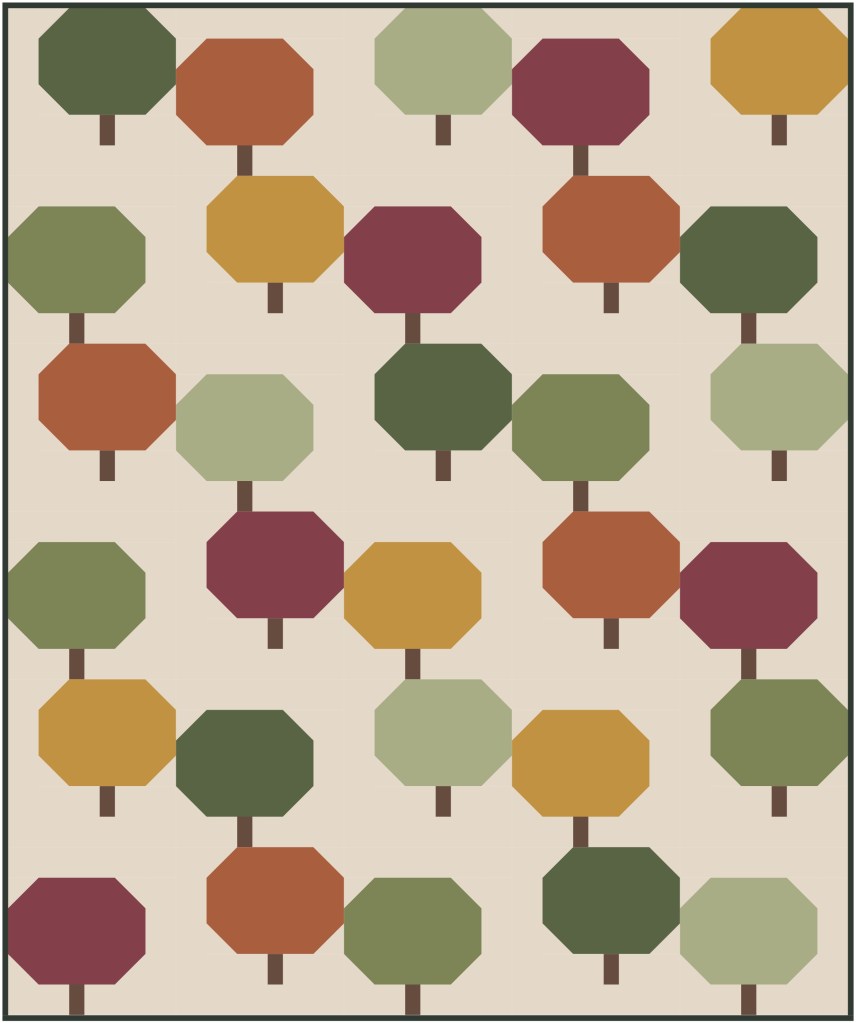 A minimalist pattern featuring stylized octagonal trees in various colors arranged in a grid on a light background.