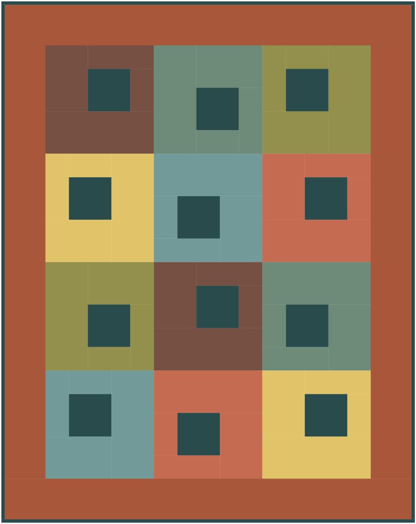 A colorful geometric pattern with a grid of squares in various colors including brown, green, teal, yellow, and orange, featuring darker square accents in the center of each square.