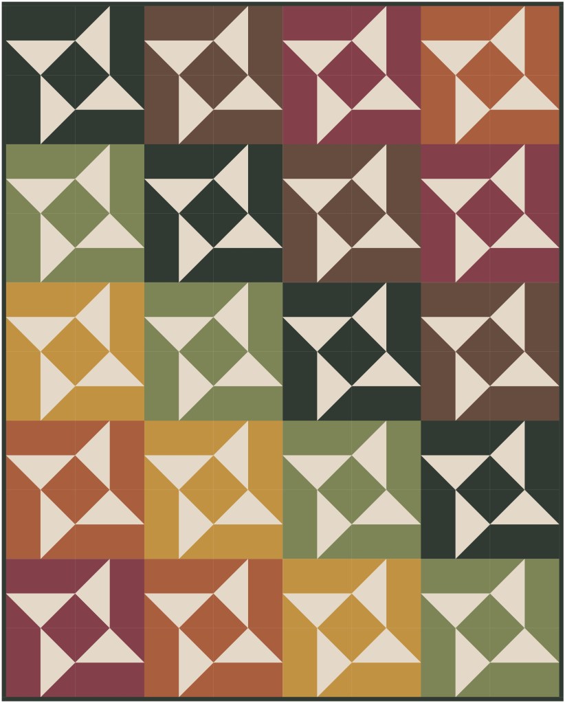 A colorful quilt pattern featuring star shapes in various earthy tones like green, brown, orange, and cream arranged in a grid layout.