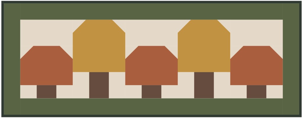 A digital illustration of stylized trees in warm colors, featuring various shapes and a green border.