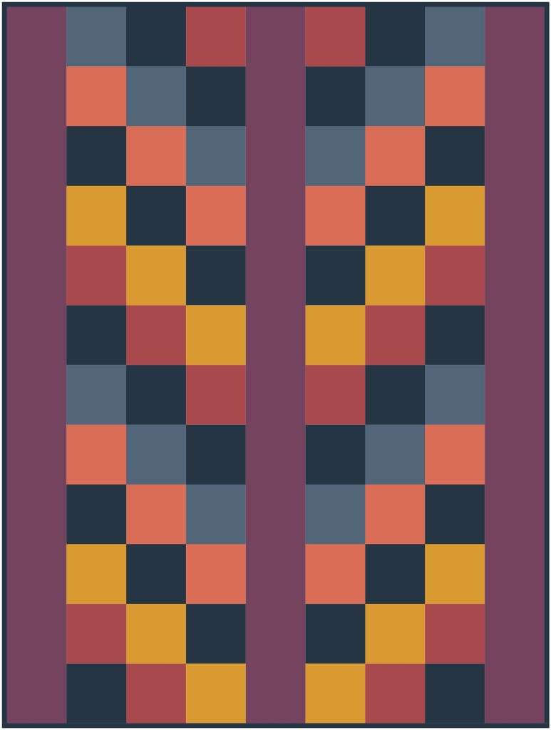 A geometric pattern consisting of colorful squares in shades of red, orange, blue, and yellow, arranged in vertical stripes with dark navy and burgundy sections.