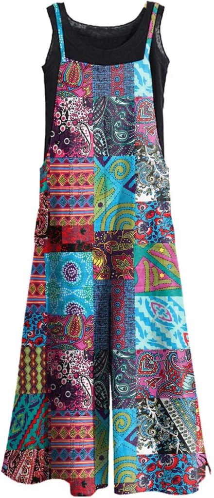 Colorful patchwork dungaree dress featuring various intricate patterns and designs.
