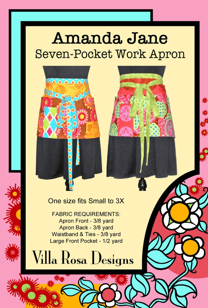 Promotional image for Amanda Jane Seven-Pocket Work Apron featuring two colorful aprons with a floral and geometric pattern, showcasing fabric requirements and sizing details.