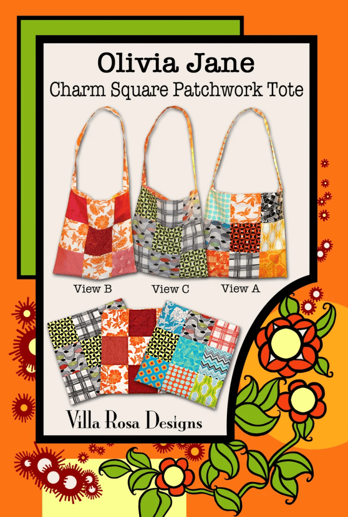 Illustration of Olivia Jane Charm Square Patchwork Tote by Villa Rosa Designs, featuring three tote bag views labeled A, B, and C, along with colorful patchwork designs and a floral background.